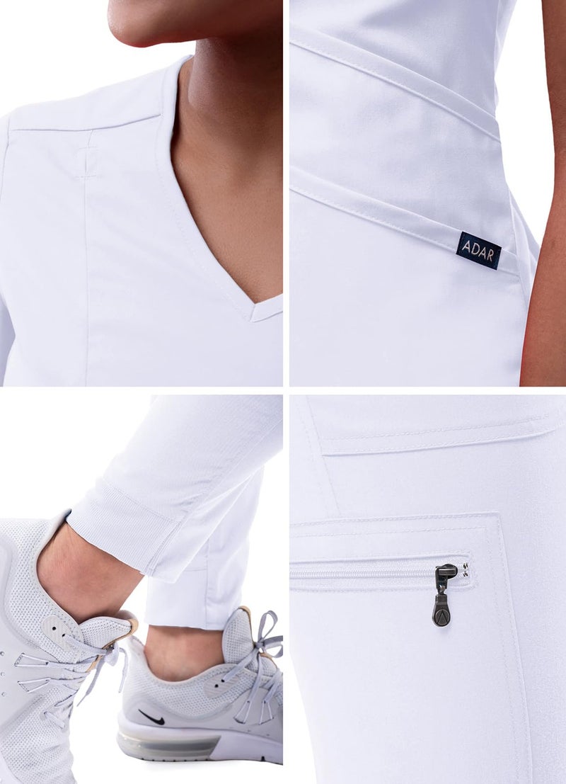 Adar Uniforms Adar Pro Athletic Scrubs Set For Women - Stretch V-Neck Scrub Top & Yoga Jogger Cargo Scrub Pants, 10 Pockets - P9500 - White - M - Image 5